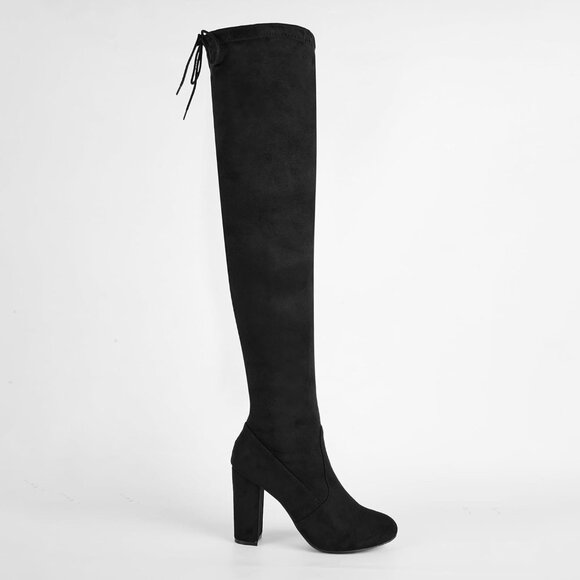 Women's Microfiber Thigh High Block Stiletto Heel Over The Knee Rounded Toe Boot - Picture 6 of 7